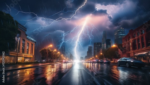  A close-up view of a jagged lightning bolt arcing between thunderclouds over a city street