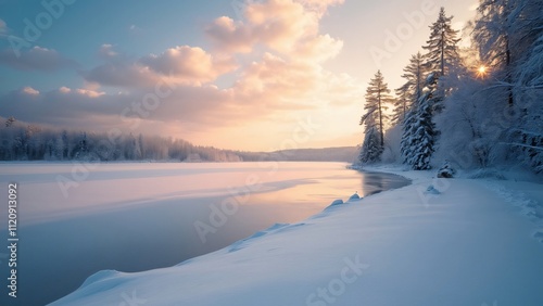 Wallpaper Mural Serene Winter Wonderland, Golden Hour Frozen Lake and Snow-Covered Trees Torontodigital.ca