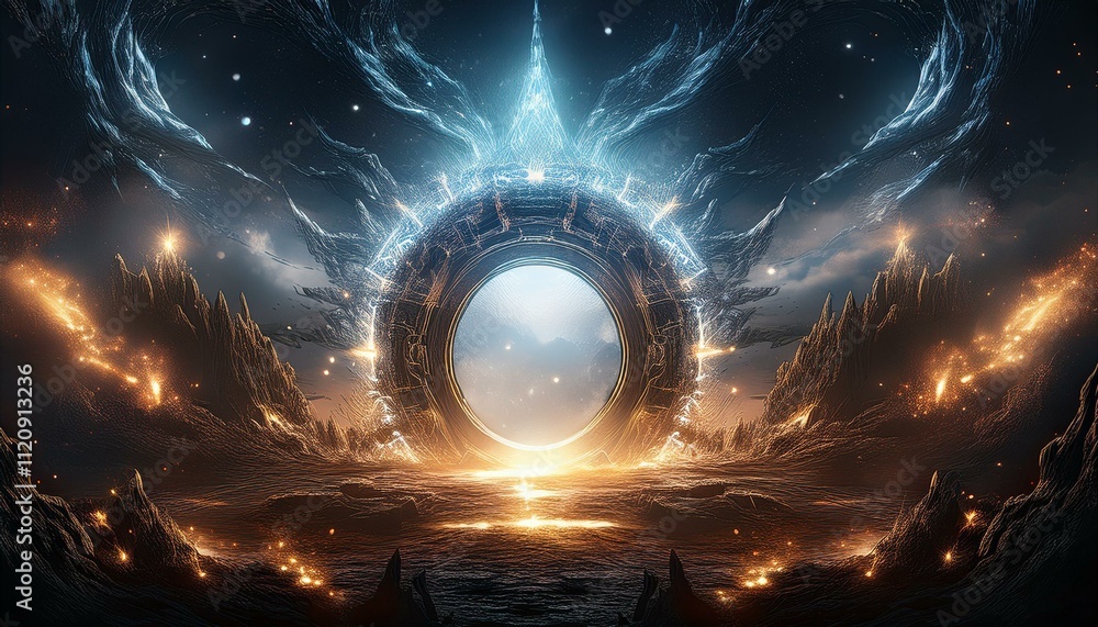 A glowing portal framed by twisting bolts of energy in a cloudy sky, fading into blackness a A glowing portal framed by twisting bolts of energy in a cloudy sky, fading into blackness a