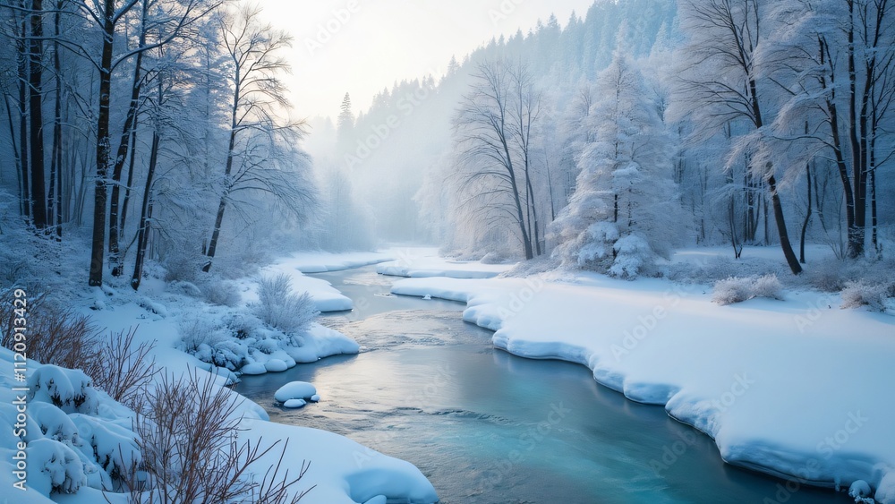 Serene Winter Wonderland, Snow-Covered Trees & Icy River Landscape Serene Winter Wonderland, Snow-Covered Trees & Icy River Landscape