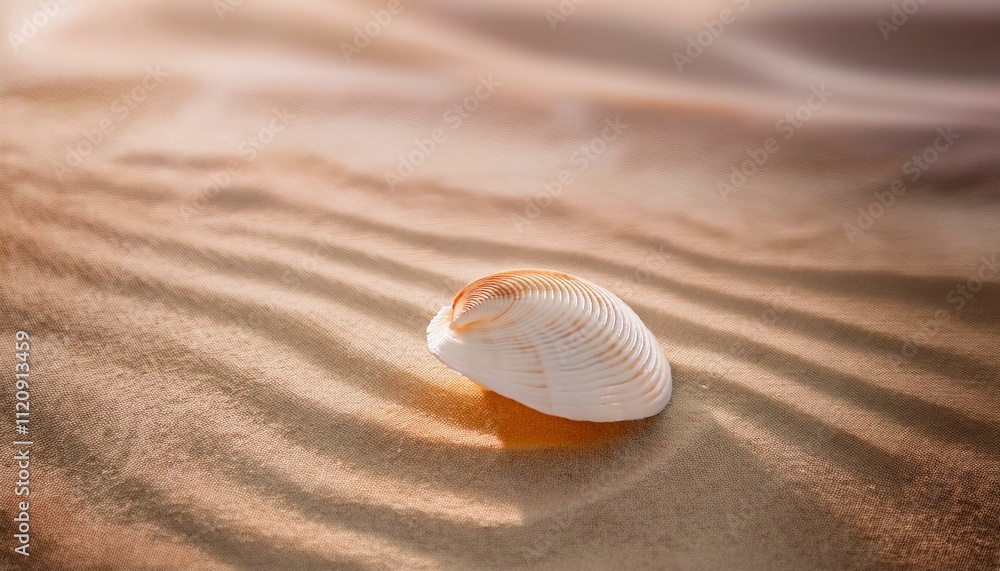 A lone seashell resting on smooth, undisturbed sand with soft ripples, fading into the backg A lone seashell resting on smooth, undisturbed sand with soft ripples, fading into the backg