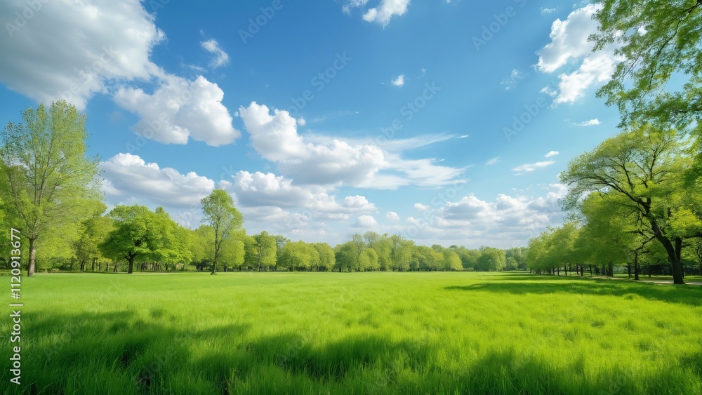 Serene Spring Meadow, Lush Green Grass, Trees, Blue Sky, and Clouds in a Picturesque Park Serene Spring Meadow, Lush Green Grass, Trees, Blue Sky, and Clouds in a Picturesque Park