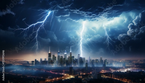 A panoramic view of a city during a thunderstorm, with brilliant lightning cutting through l 