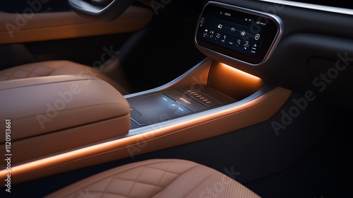 SelfAdjusting Seats with Touch Interface A luxury car interior showing seats that contour in realtime based on user settings, with a glowing control panel embedded in the armrest