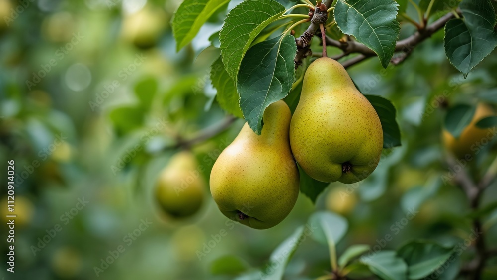 Summer Day Pear Tree in Forest, Lush Green Leaves and Ripe Pears Summer Day Pear Tree in Forest, Lush Green Leaves and Ripe Pears