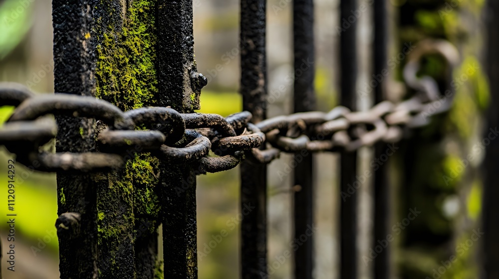 Closed factory gate with chain and padlock, symbolizing the end of an era and the transition to new beginnings. Industrial decline and the shift towards modernization and renewal. Closed factory gate with chain and padlock, symbolizing the end of an era and the transition to new beginnings. Industrial decline and the shift towards modernization and renewal.