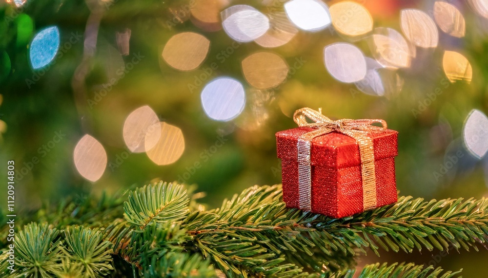 red gift box on a christmas tree with bokeh lights in blur red gift box on a christmas tree with bokeh lights in blur