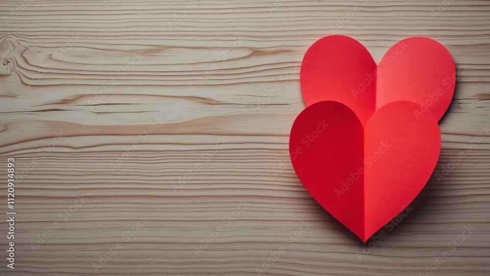 Two Red Paper Hearts on Wooden Background, Romantic Flat Lay with Copy Space for Valentine's Day, Love, and Relationship Concepts Two Red Paper Hearts on Wooden Background, Romantic Flat Lay with Copy Space for Valentine's Day, Love, and Relationship Concepts
