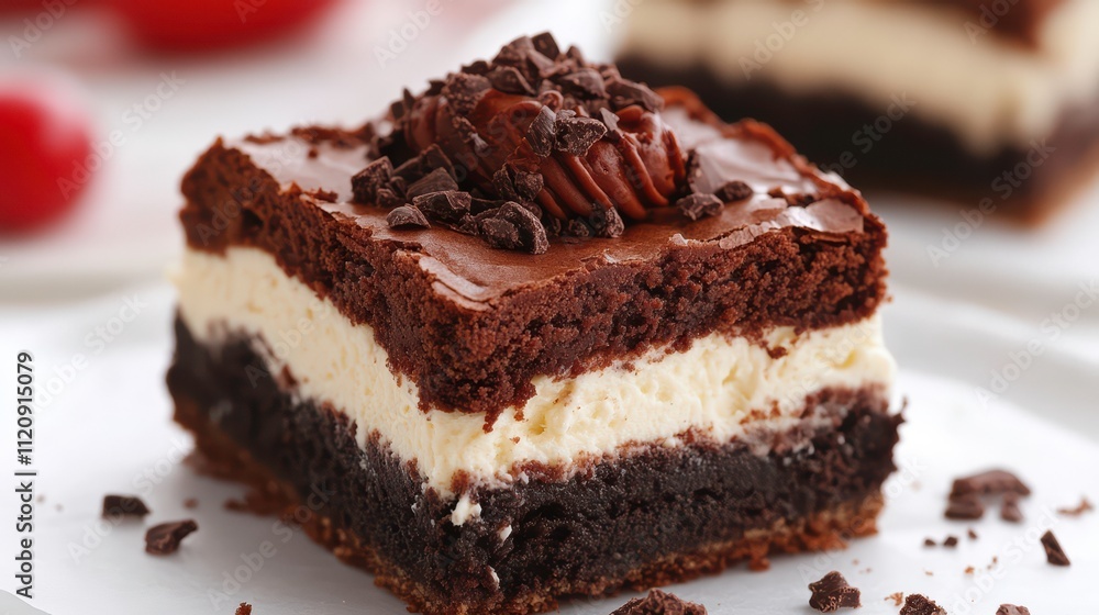 A decadent dessert slice featuring layers of chocolate and cream. A decadent dessert slice featuring layers of chocolate and cream.