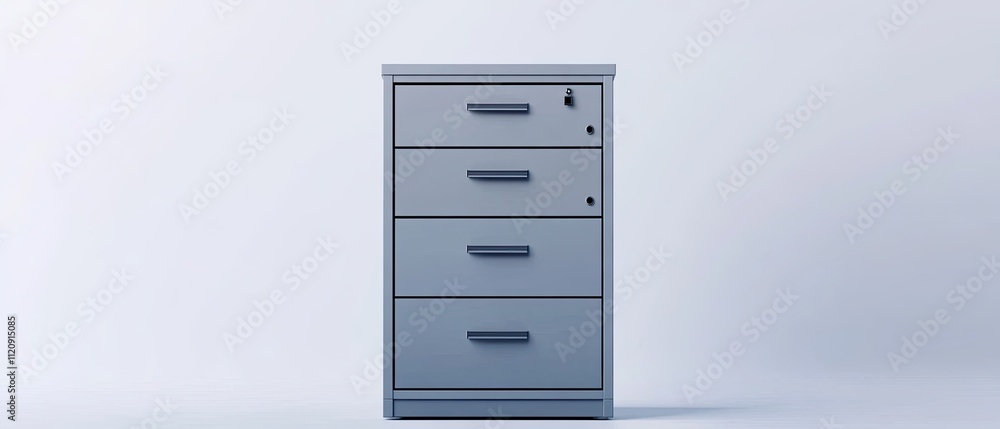 Four-drawer metal filing cabinet isolated on white background.