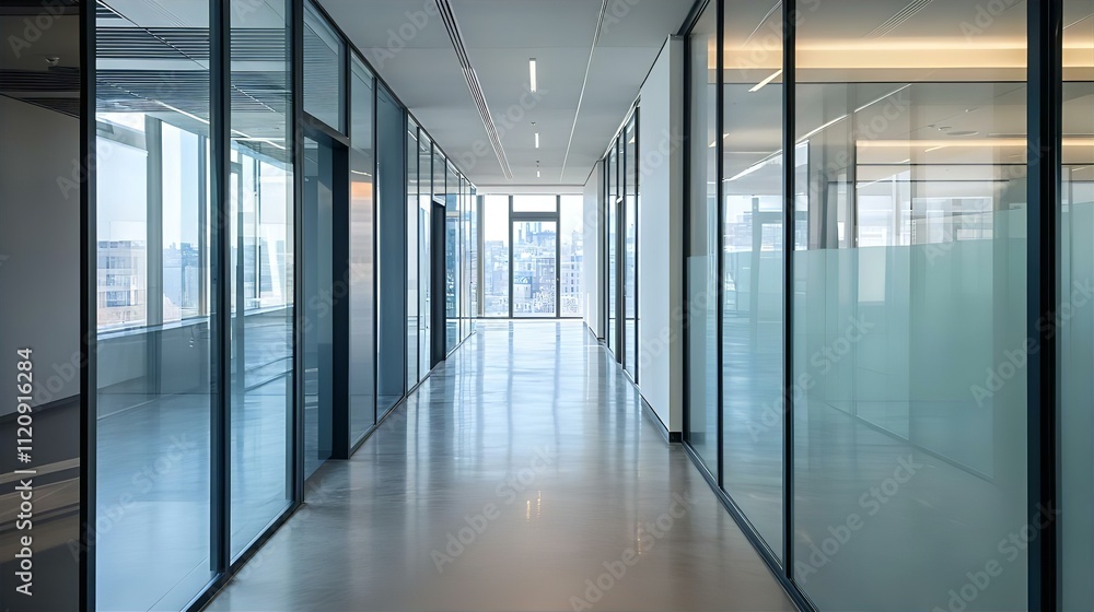 Modern Office Corridor with Floor-to-Ceiling Glass Walls and City View, Brightly Lit Interior Space Modern Office Corridor with Floor-to-Ceiling Glass Walls and City View, Brightly Lit Interior Space