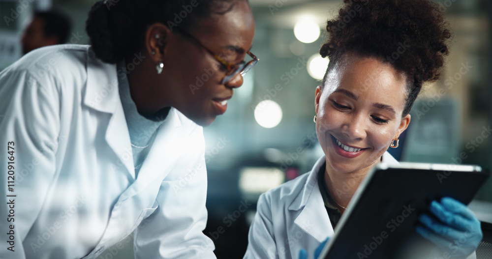 Science, women and smile in lab with tablet, feedback and scientific innovation at night. Research team, tech and pleased with results in facility for advice, pharmaceutical development and overtime Science, women and smile in lab with tablet, feedback and scientific innovation at night. Research team, tech and pleased with results in facility for advice, pharmaceutical development and overtime