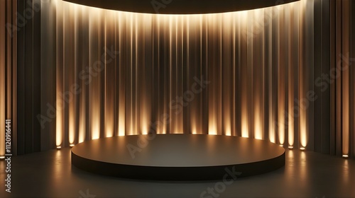 Dark, Moody Stage with Circular Platform, Backlit Golden Vertical Stripes, and Subtle Lighting