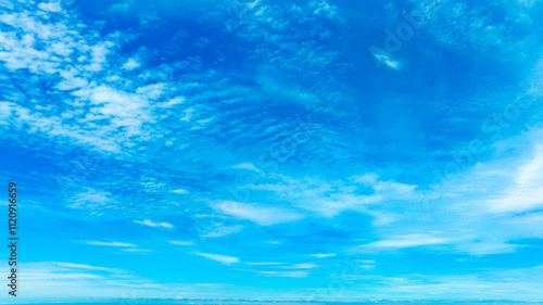 Panorama of cloud clear sky background for summer vacation concept at ocean and summer sea water with sunlight of beautiful cloudy	