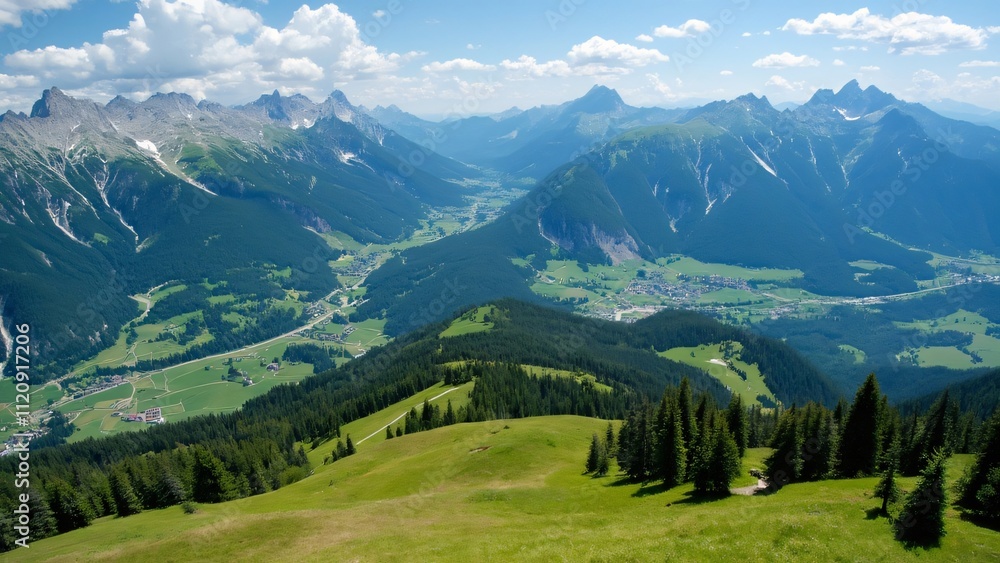 Fototapeta premium Panoramic Dolomites Mountain View, Alpine Village, Winding Road, Summer Scenery