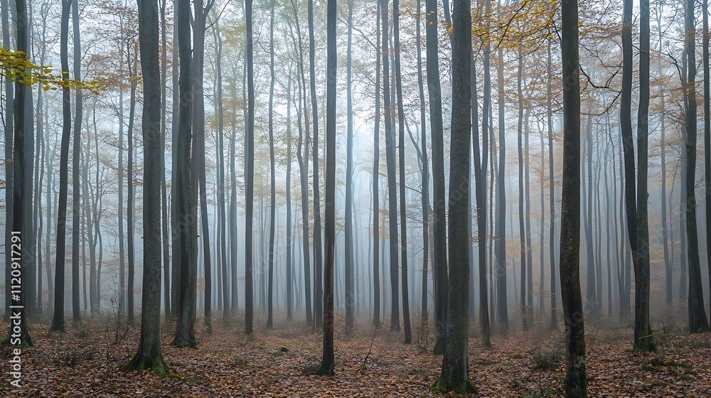 Misty autumn forest with tall, slender trees and fallen leaves. Misty autumn forest with tall, slender trees and fallen leaves.