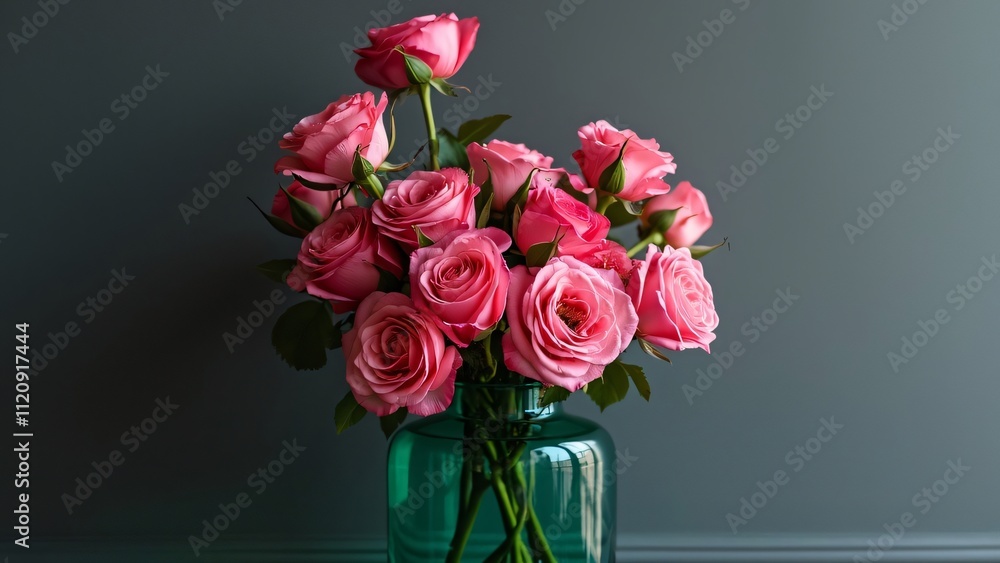 custom made wallpaper toronto digitalVibrant Pink Roses in Emerald Green Vase - Elegant Studio Shot