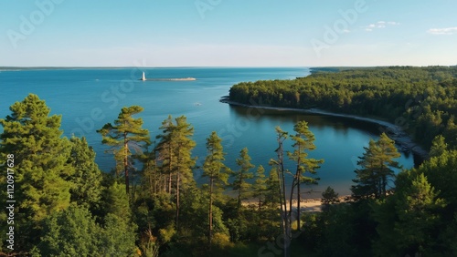 Panoramic Aerial View, Michigan's Upper Peninsula Lakeside Forest, Cheboygan Area, Lake Huron Lighthouse