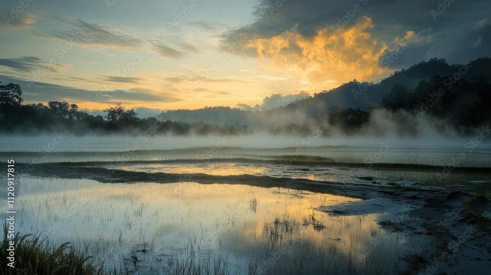 Fototapeta premium Serene sunrise over misty fields and tranquil waters.