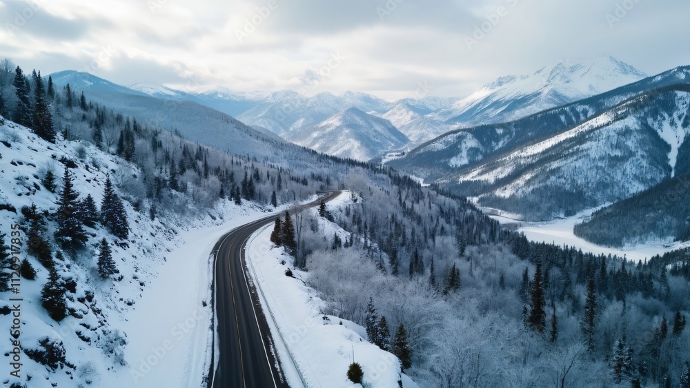 Obraz premium Stunning Aerial View, Winding Road Through Snow-Covered Montana Mountains