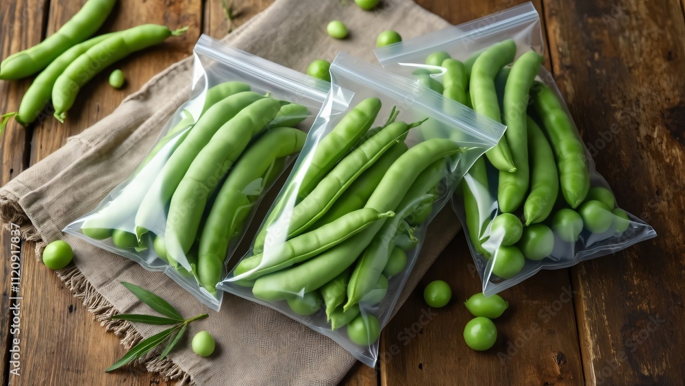 Three Vacuum-Sealed Bags of Fresh Broad Beans on Rustic Wooden Table, Top View, High-Angle Food Photography