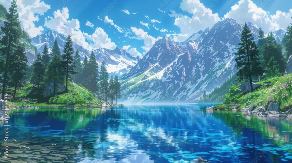 Fototapeta premium Scenic landscape featuring mountains, a lake, and vibrant nature.