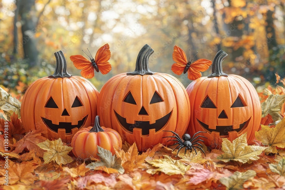 A vibrant display of Halloween pumpkins with carved faces, surrounded by colorful autumn leaves and butterflies. A vibrant display of Halloween pumpkins with carved faces, surrounded by colorful autumn leaves and butterflies.