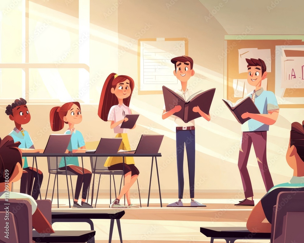 A diverse group of young students engaging in a classroom discussion, showcasing teamwork and collaboration. A diverse group of young students engaging in a classroom discussion, showcasing teamwork and collaboration.