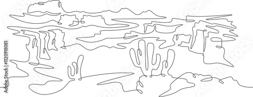 Continuous one line drawing cacti in the desert. Desert rocky landscape. Arizona. Rocks and mountains. One continuous line isolated minimal illustration.Not AI.