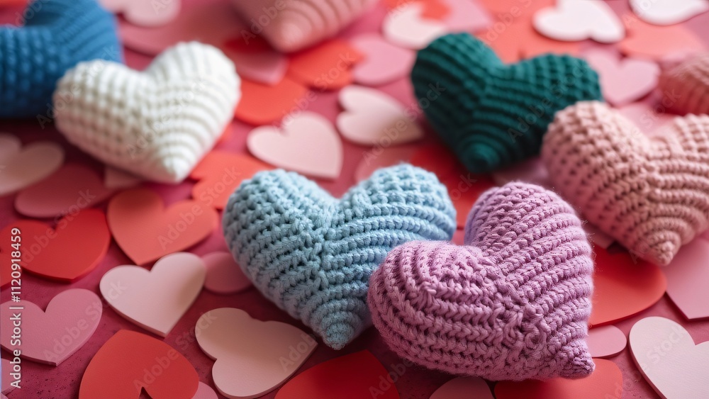 Obraz premium Valentine's Day, Crochet Hearts on Red & Pink Heart Background