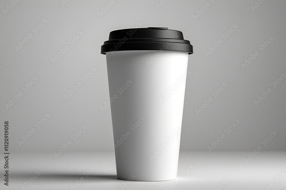 A Plain White Coffee Cup With a Black Lid, Standing Upright on a Seamless White Background A Plain White Coffee Cup With a Black Lid, Standing Upright on a Seamless White Background