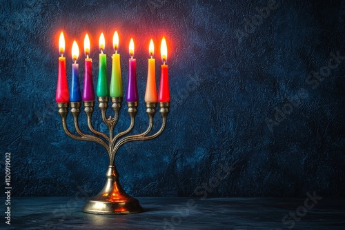 A beautifully lit menorah with colorful candles against a dark background, symbolizing the festival of Hanukkah. photo