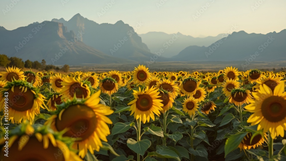 Fototapeta premium Stunning Sunflower Field at Sunset with Majestic Mountain Background, A breathtaking landscape photo of a vast field of sunflowers, blooming vibrantly against a backdrop of majestic