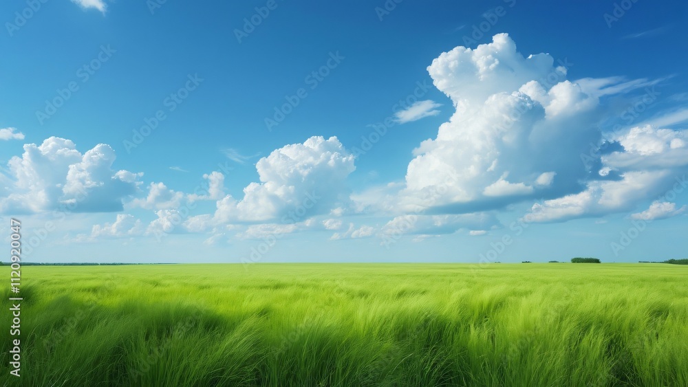 Serene Russian Landscape, Vibrant Green Field Under a Blue Sky with Puffy White Clouds - Idyllic Nature Photography Serene Russian Landscape, Vibrant Green Field Under a Blue Sky with Puffy White Clouds - Idyllic Nature Photography