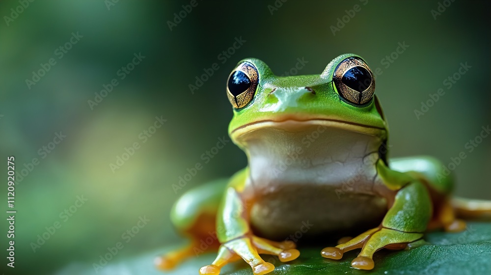 Close-up of a vibrant green frog in its natural habitat Close-up of a vibrant green frog in its natural habitat