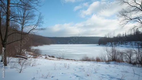 Wallpaper Mural Stunning Winter Landscape, Frozen Lake, Snowy Field, and Forest under Blue Sky Torontodigital.ca