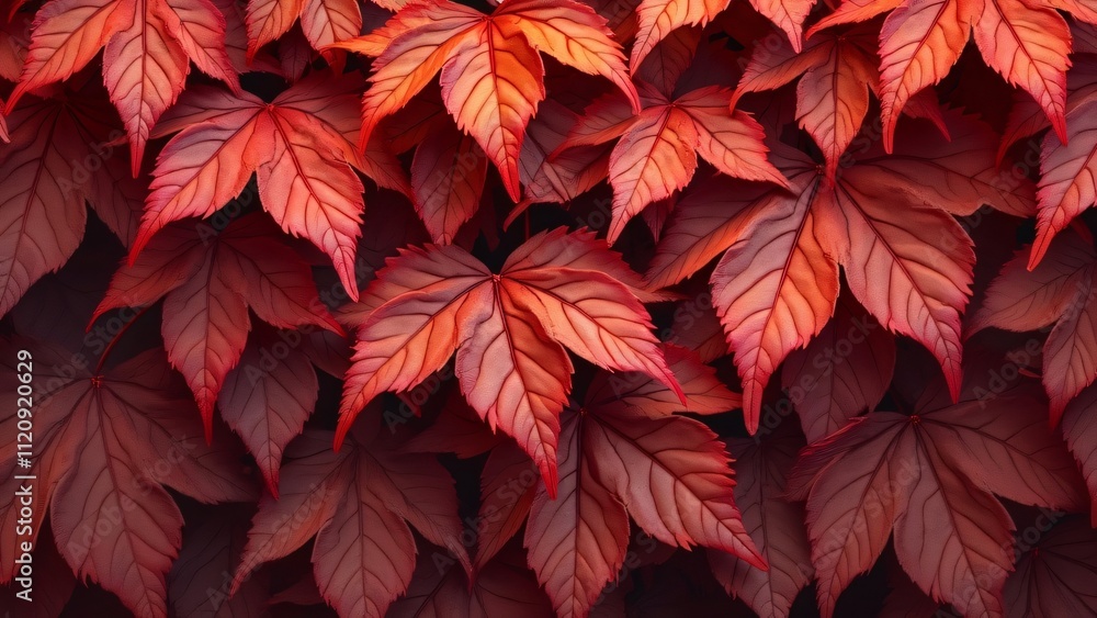 Fototapeta premium Vibrant Red & Maroon Autumn Leaves Seamless Pattern, Intricate Tapestry of Delicate Textures