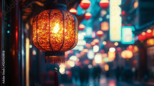 Wallpaper Mural Red lantern glowing in city night with bokeh lights Torontodigital.ca