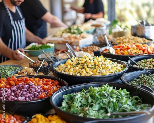 A vibrant display of colorful salads and fresh ingredients on a buffet table, featuring diverse textures and flavors. photo