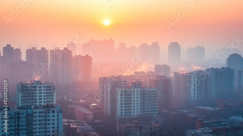 Dense Asian cityscape with high-rise apartment buildings, hazy sunset, urban atmosphere