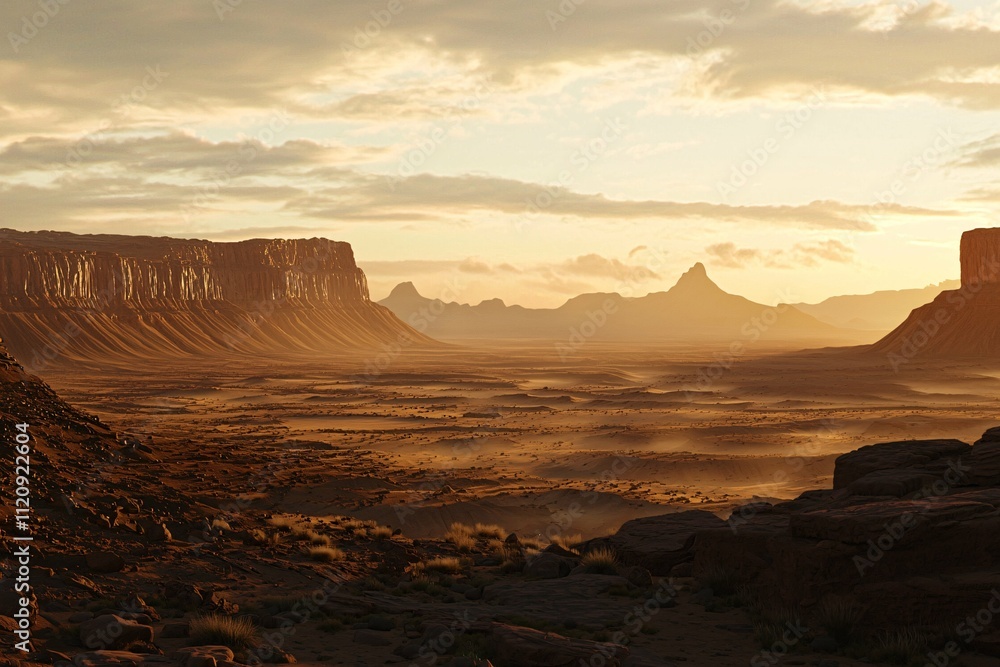 A stunning sunset over a barren landscape highlights the serene beauty and solitude of nature's rugged terrain.