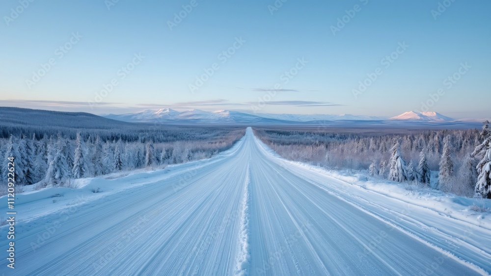 Serene Siberian Taiga, Snow-Covered Road to Distant Mountains – Winter Landscape Photography Serene Siberian Taiga, Snow-Covered Road to Distant Mountains – Winter Landscape Photography