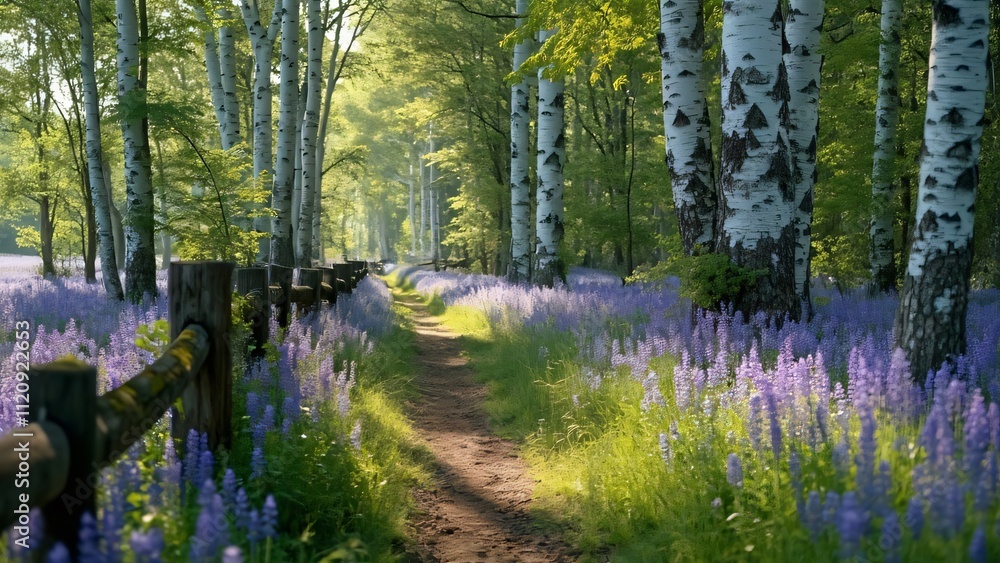 Fototapeta premium Serene Forest Path to Old Russian Village, Birch Trees, Purple Wildflowers, and Rustic Fence