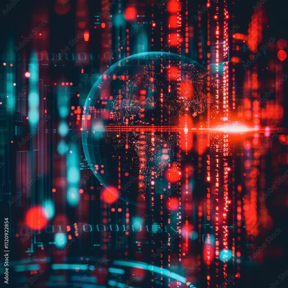 Obraz premium Global Network Data Stream Digital World Technology Binary Code Cybersecurity Red Abstract
