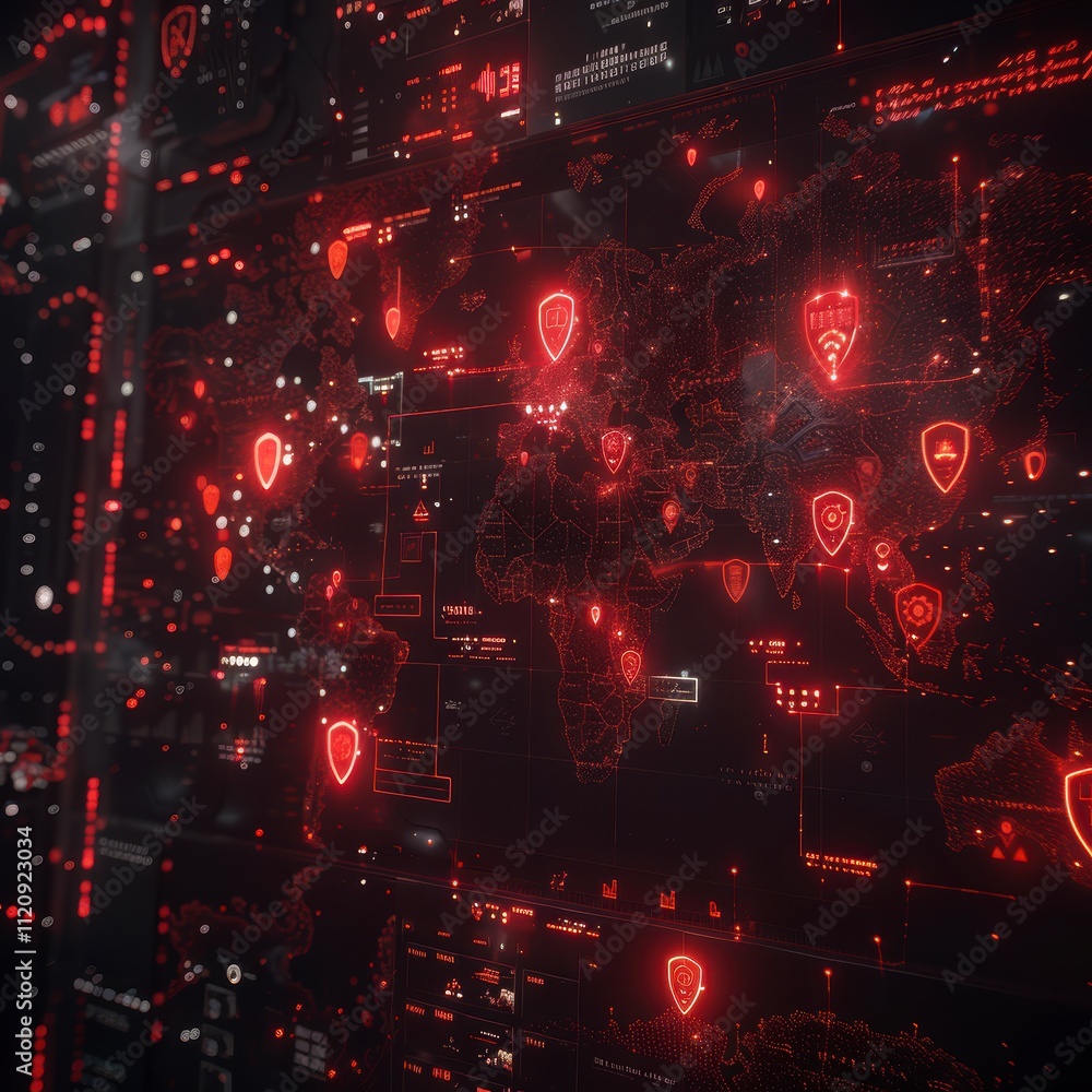 Obraz premium Global Network Security Red Alert Digital Map Interface