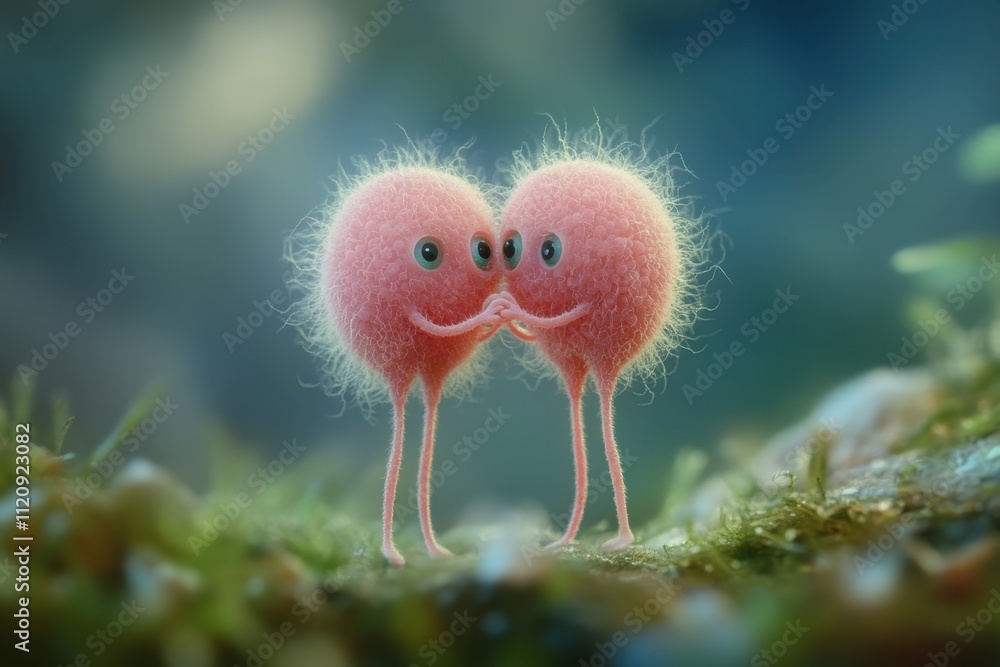Fototapeta premium Two cute, fluffy, pink creatures sharing a tender moment in nature.
