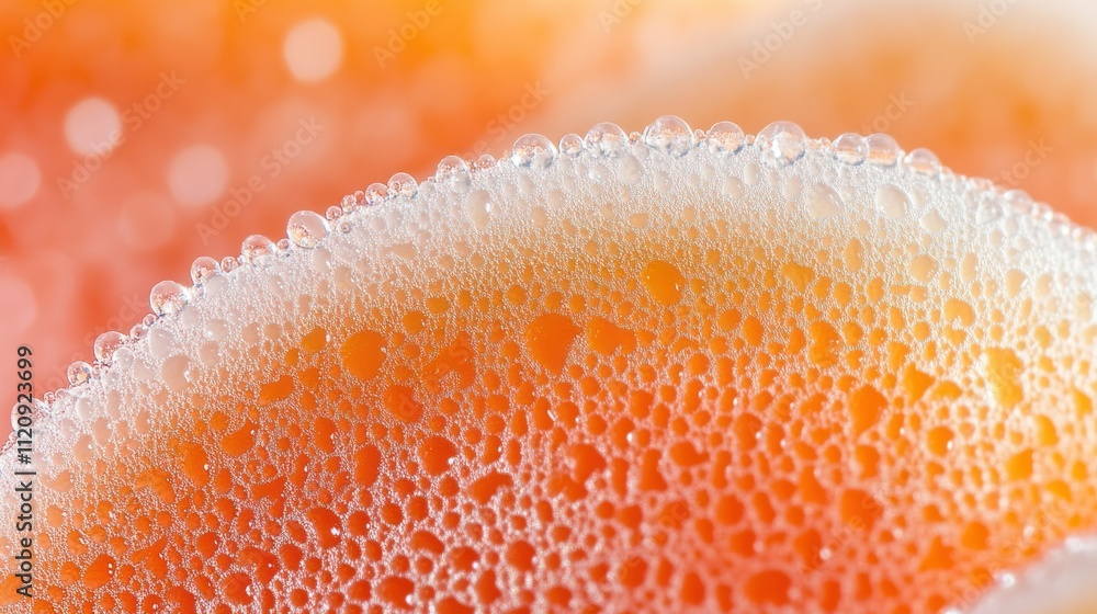 Close-up of bubbles on a vibrant orange surface, showcasing texture and color.