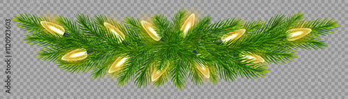 Christmas border featuring realistic fir branches and twinkling lights on transparent background. For festive designs, New Year, Christmas greeting cards, banners. Vector illustration
