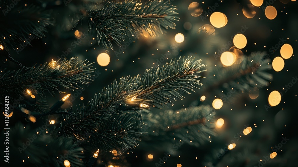 Fototapeta premium Enchanting Christmas Tree Branches with Warm Lights and Sparkling Snow
