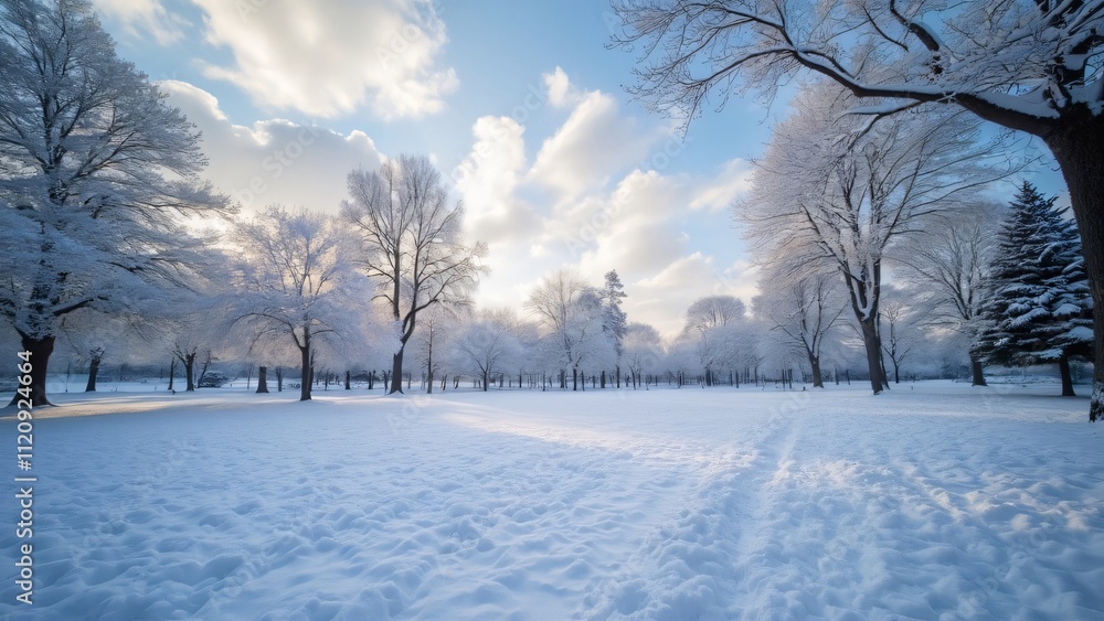 Serene Winter Wonderland, Snow-Covered Park with Trees, Soft Light, Wide Shot Serene Winter Wonderland, Snow-Covered Park with Trees, Soft Light, Wide Shot